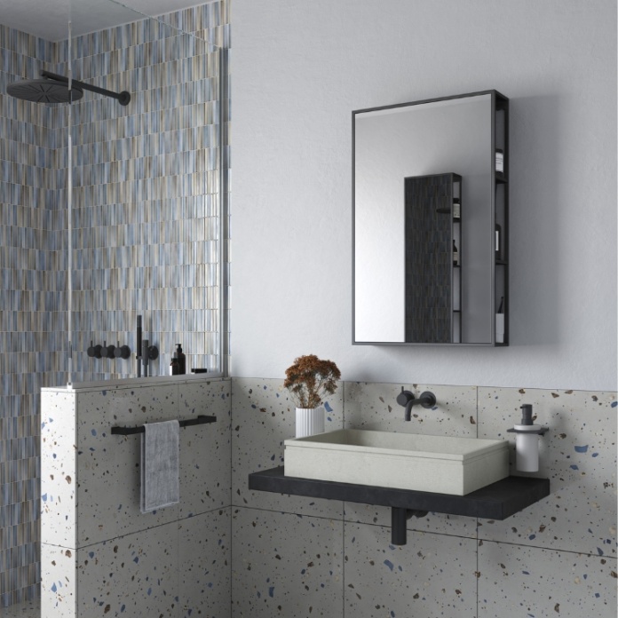 Product Lifestyle image of the the Origins Living Dockside 600mm Mirror with Open Shelving